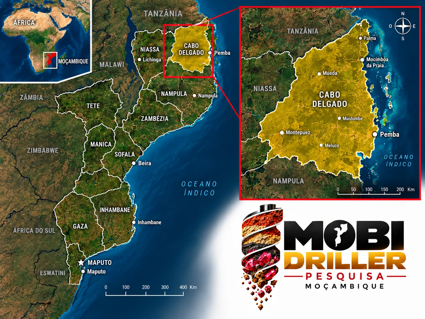 Mapa de Moçambique com Cabo Delgado em destaque