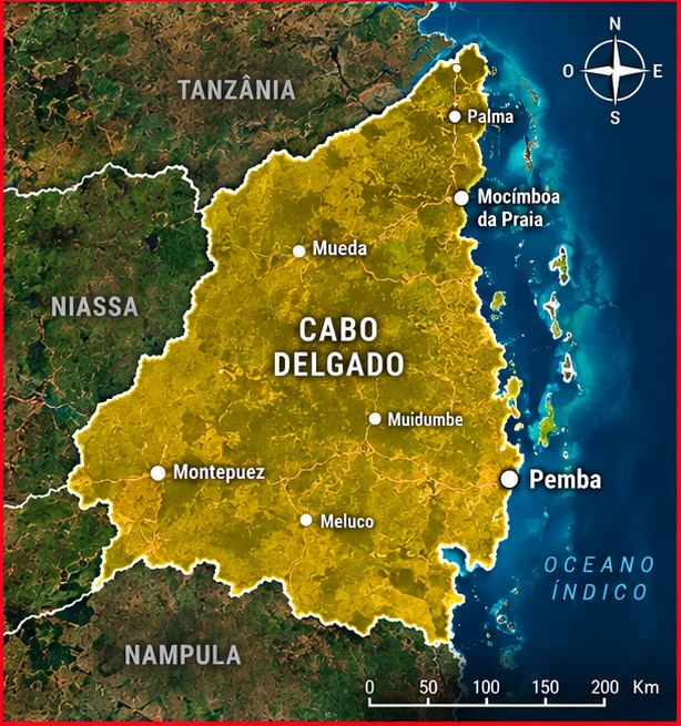 Mapa da província de Cabo Delgado com Pemba e Montepuez